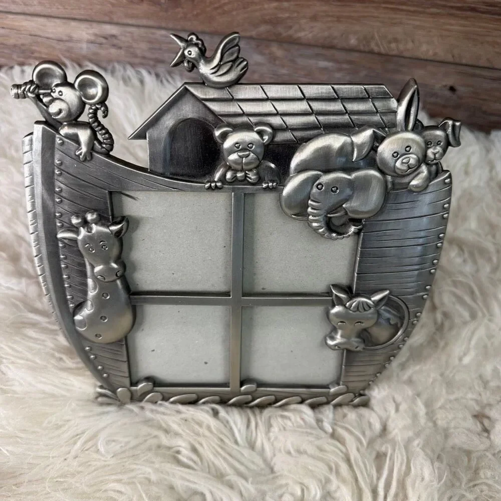 Vintage Pewter Noah’s Ark Picture Frame 4 Photo Section Animals Home Office